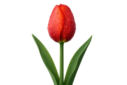 Red tulip bud with water drops on transparent background