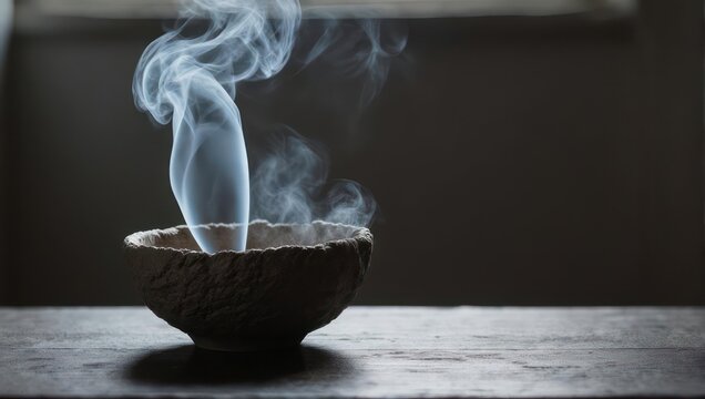A bowl with rising, wispy smoke against a dark backdrop, suggesting ritual or meditation