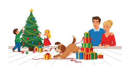 Christmas Cheer: A heartwarming scene unfolds as a family prepares for the festive season, decorating a Christmas tree with joyous anticipation, a playful dog adds to the merriment.