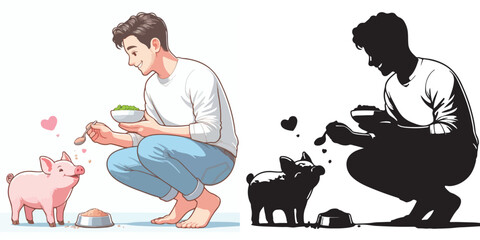 Vector set and shilhouttes image of a man feeding a pig on a white background