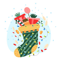 Flat-style vector illustration of a cute stocking for gifts. A stocking filled with candy and toys. A stocking with a Christmas garland.