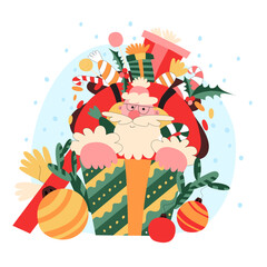 Flat style vector illustration of a cute Santa Claus with a bag of gifts and candies on his back.