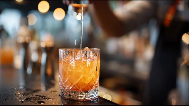 Professional bartender skillfully pouring fresh liquid into cocktail glass with ice on dark bar, crafting sophisticated drink experience