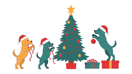 Holiday Puppy Helpers: Playful puppies, adorned in festive hats, busily decorate a vibrant Christmas tree with colorful ornaments and ribbons, while surrounded by wrapped presents.