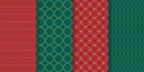 Set seamless backgrounds with gold geometric patterns in Christmas colors. Emerald and red prints with gold repeating lines in Art Deco style. Festive print for packaging, gifts, and textiles. Vector 