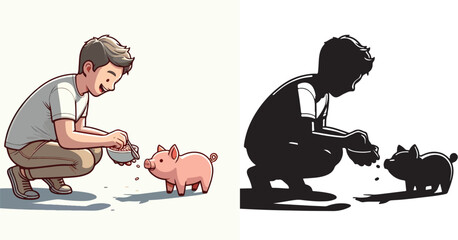 Vector set and shilhouttes image of a man feeding a pig on a white background