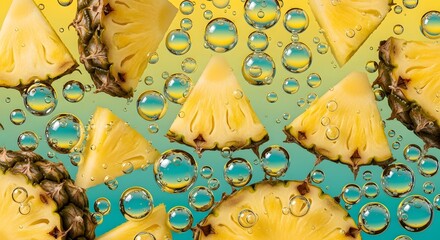 Pineapple slices with water drops on yellow background