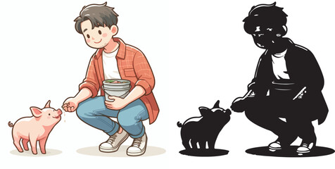 Vector set and shilhouttes image of a man feeding a pig on a white background