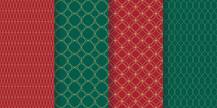 Fototapeta Set seamless backgrounds with gold geometric patterns in Christmas colors. Emerald and red prints with gold repeating lines in Art Deco style. Festive print for packaging, gifts, and textiles. Vector 