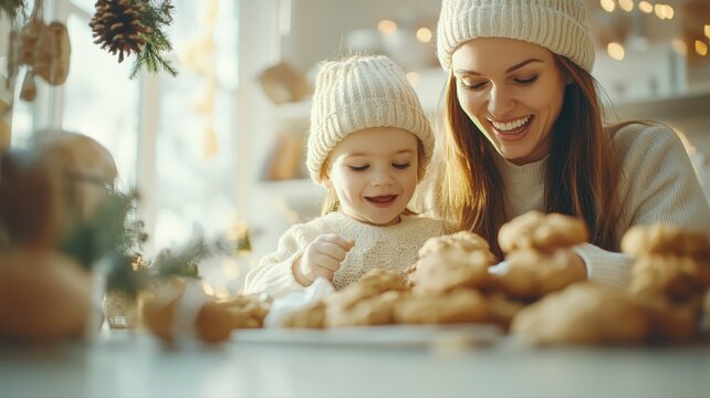 Young mother and daughter happily baking homemade winter holiday cookies in cozy kitchen sharing warm family moments and childhood joy.