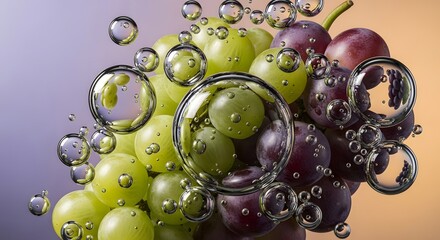Closeup of green and purple grapes with water bubbles
