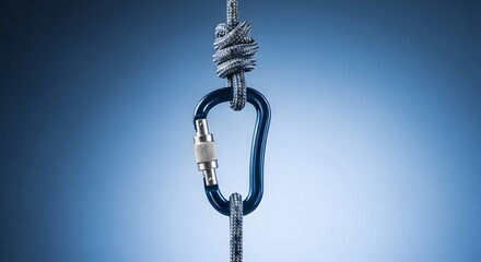 Closeup of a strong knot connecting two ropes with carabiner