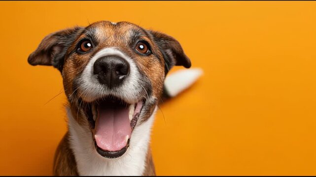 Joyful canine portrait capturing happy, excited dog. adorable pet animal has its mouth open against vibrant orange background