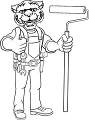 A tiger painter decorator handyman cartoon construction man mascot character holding a paint roller tool