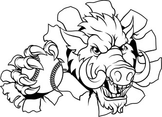 A wild boar, hog razorback warthog pig mean tough cartoon sports mascot holding a baseball or softball ball