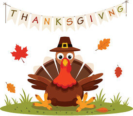 Adorable cartoon turkey wearing pilgrim hat celebrates Happy Thanksgiving with festive falling leaves and cheerful banner for holiday season fun