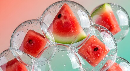 Watermelon slices suspended in soap bubbles with a colorful background