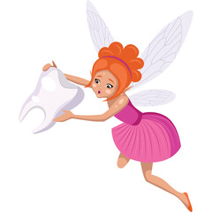 Animated Fairy Character With Orange Hair And Pink Dress Holds A Large White Tooth In A Transparent Background