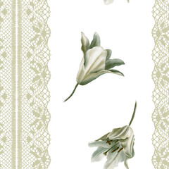 White lilies with leaves in seamless pattern,openwork lace ribbon,symbolizing purity,innocence,communion and marriage.Hand drawn watercolor illustration for chapel ceremonies,advertisements