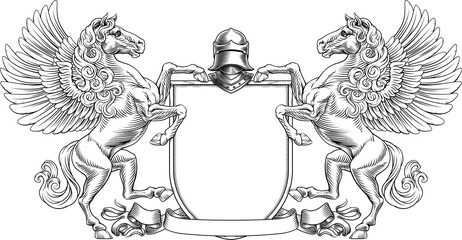 A heraldry crest Pegasus winged horse family coat of arms heraldic shield emblem design in an old medieval vintage style 