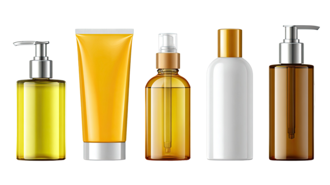 Isolated set of blank cosmetic bottles and containers for shampoo, lotion, and perfume on a white background, emphasizing beauty and care packaging