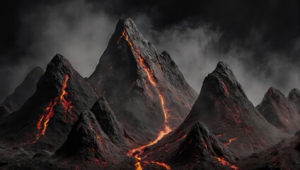 Dramatic depiction of a volcanic mountain range, with flowing magma and smoky atmosphere