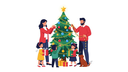 Family Christmas Decoration: A family comes together to deck their Christmas tree, a heartwarming scene filled with festive spirit, showing love, togetherness and joy.