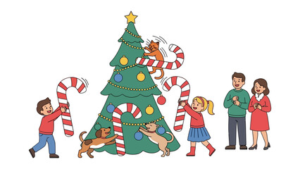 Decorating for the Holidays: A family and their pets join together to deck the halls with festive decorations. The illustration depicts the heart of the holiday season.