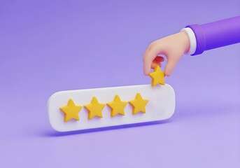 Hand placing a fifth star on a rating bar with four stars already present on a purple background