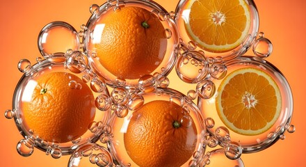 Whole and sliced oranges submerged in water with bubbles