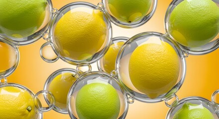 Lemons and limes submerged in water with bubbles