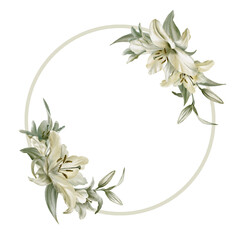 White lilies with leaves in circular frame symbolizing purity,innocence,holiness communion.Hand drawn watercolor illustration for chapel ceremonies,advertisements