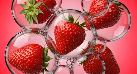 Ripe strawberries inside clear bubbles on red background