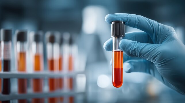 Gloved hand holds blood sample test tube in clinical laboratory, analysis - Powered by Adobe