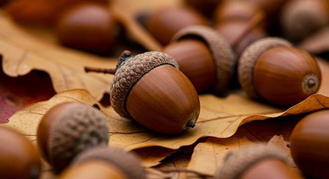 Close-up of several brown acorns resting on dried, colorful autumn leaves