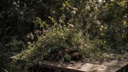 Obraz premium Wild bouquet, with dead branches & wildflowers, resting on aged, wooden surface in sunlight