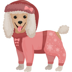 A Cheerful Golden Poodle Dog Wearing a Pink Winter Snowsuit and Matching Hat With a Bow and Scarf Perfect for the Cold Weather Season