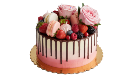 Delicious Drip Cake Decorated with Roses, Macarons, Berries and Chocolate Drizzle for Special Occasions Celebration Sweet Treat, Enjoying Decadent Dessert, Close Up Shot, Generative AI