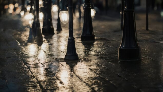 Wet cobblestone street at night; reflections of streetlights glimmer. Blurred, urban scenery - Powered by Adobe