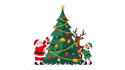Joyful Christmas: A jolly depiction of the holiday season, with Santa, a playful reindeer, and an elf, collaborating to decorate a vibrant Christmas tree with ornaments. 