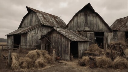 Obraz premium Weathered, old wooden barns stand beneath an overcast sky, surrounded by dry grasses