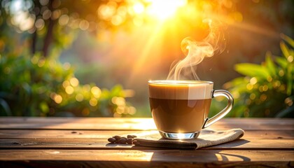 Fresh cup of hot coffee with creamy cappuccino foam on a wooden table in a cafe, perfect morning beverage