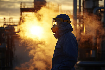 Worker wearing protective hazmat gear and respirator mask at an industrial facility. Concept of workplace safety, environmental protection, and industrial operations.