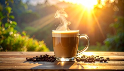 Fresh cup of hot coffee with creamy cappuccino foam on a wooden table in a cafe, perfect morning beverage