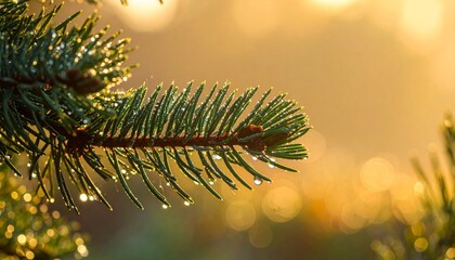 Green evergreen pine tree branch with snow and brown cones, a Christmas macro closeup