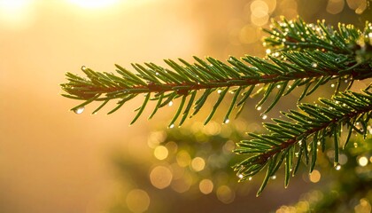 Green evergreen pine tree branch with snow and brown cones, a Christmas macro closeup