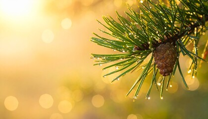 Green evergreen pine tree branch with snow and brown cones, a Christmas macro closeup