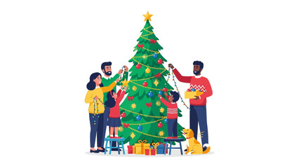 Festive Family Christmas: A joyous family adorns a vibrant evergreen tree with shimmering ornaments, embodying the spirit of the holiday season, with a golden star twinkling atop.