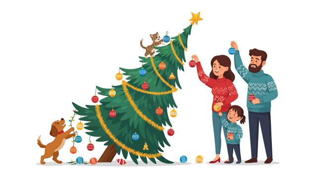 Festive Family Moment: A heartwarming family scene unfolds as they gather to decorate a Christmas tree, filled with joy, love, and festive spirit.