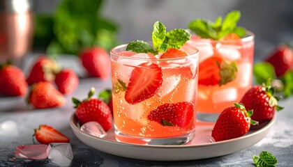 Refreshing summer strawberry fruit drinks and cocktails in a glass with mint and ice